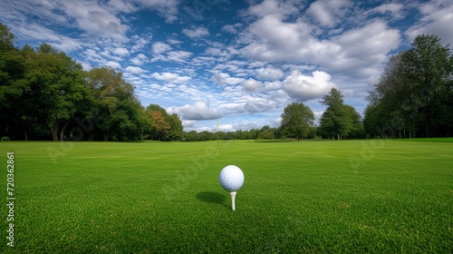 Placing golf ball on tee at picturesque golf course with panoramic view and copy space
