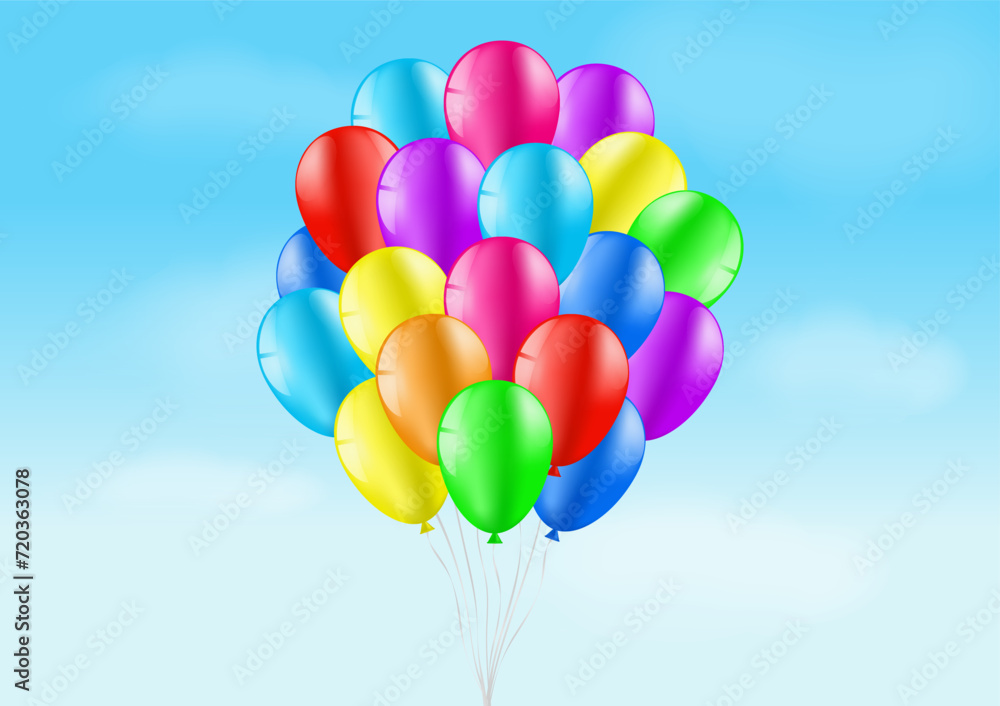 Bunch of Balloons on Blue Sky. Background for Party, Birthday, Celebration or Children's Day. Vector Illustration.