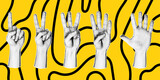 Set of 5 vector elements in retro halftone style on a yellow background. Various hand gesture icons with number of fingers, counting by bending fingers. Pop art paper cut elements.