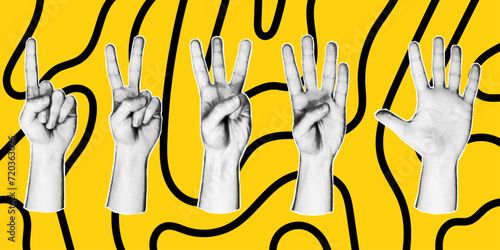 Set of 5 vector elements in retro halftone style on a yellow background. Various hand gesture icons with number of fingers, counting by bending fingers. Pop art paper cut elements.