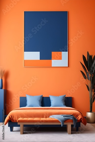 Interior design of a modern bedroom in art deco style. Bed and bench against orange and blue wall with copy space.