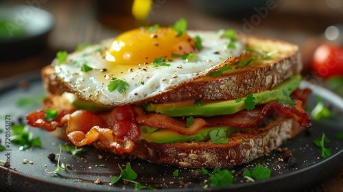 Artisanal sandwich with crispy bacon, fresh avocado, and a fried egg on whole grain bread.