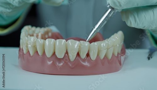 A dentist is working on a fake set of teeth