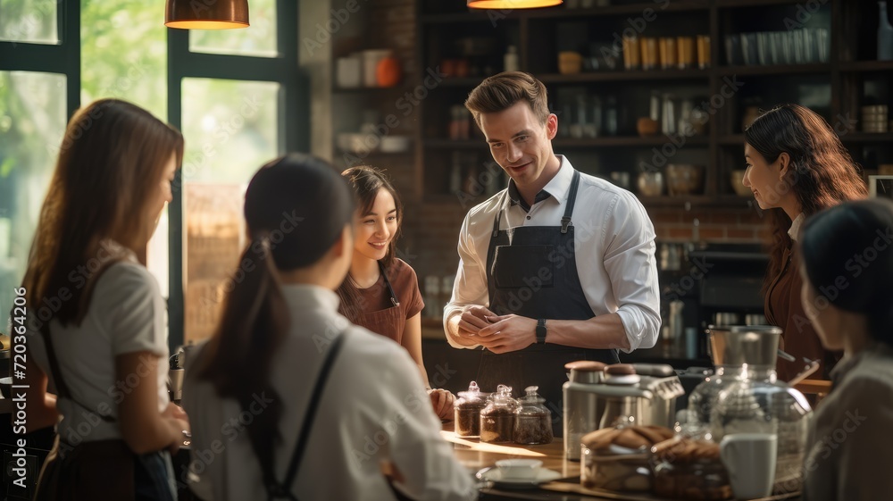 The picture shows an action of a group of professional baristas teaching a group of barista students in a coffee shop The picture shows an action of a group of professional baristas teaching a group of barista students in a coffee shop