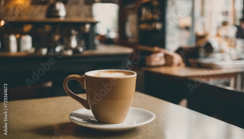 A cup of coffee sits on a saucer on a table