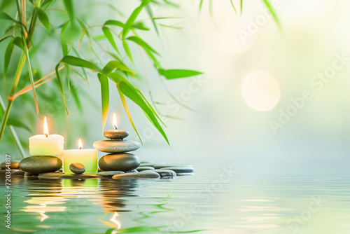 A tranquil spa setting with lit candles, balanced stones, and bamboo leaves reflecting on water surface for a serene atmosphere. Health and wellness background. 