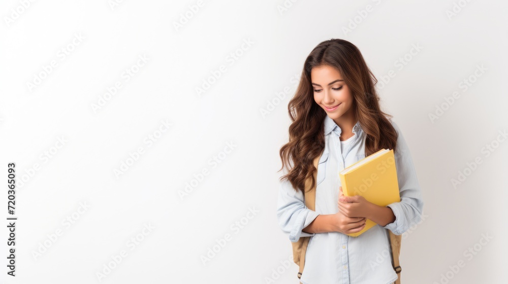 Portrait of Young student woman looking camera with big smile and wearing backpack holding book over isolated white background, learning and educational back to school concept Portrait of Young student woman looking camera with big smile and wearing backpack holding book over isolated white background, learning and educational back to school concept