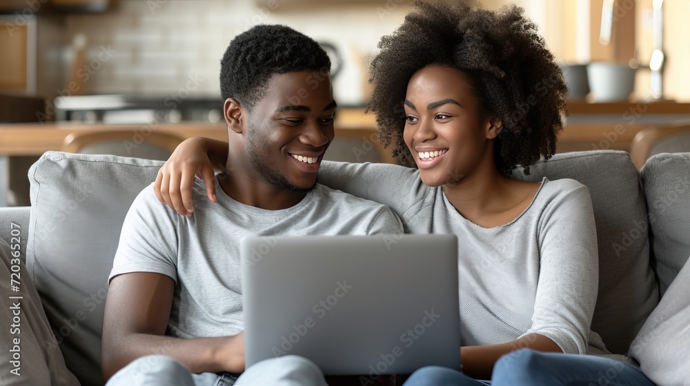 Diverse multiracial young couple relaxing on sofa watching laptop together at home Diverse multiracial young couple relaxing on sofa watching laptop together at home