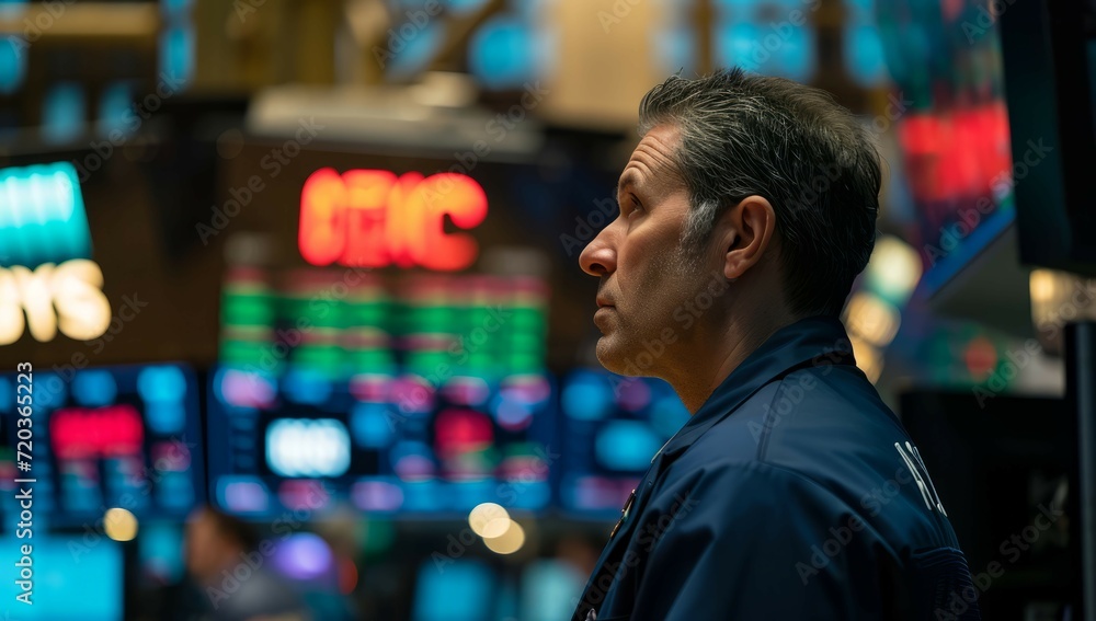Fototapeta premium Banker manager, trader, Dow Jones stock market analysis on wall street Finance Trade Manager Delving into Stock Market Indicators for Optimal Investment Strategy - Navigating Financial Data. Success