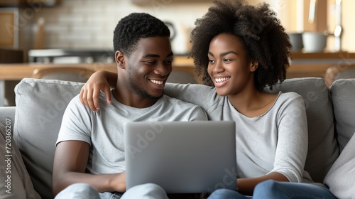 Diverse multiracial young couple relaxing on sofa watching laptop together at home