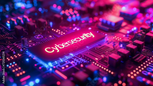 A complex circuit board with the word “Cybersecurity” illuminated in bright red, showcasing intricate pathways and components, glowing in vibrant blue and red hues, symbolizing digital safety. 