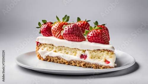 A slice of strawberry cheesecake on a white plate