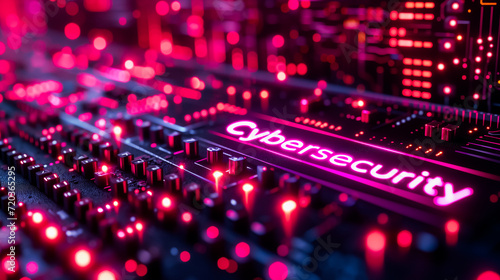 A complex circuit board with the word “Cybersecurity” illuminated in bright red, showcasing intricate pathways and components, glowing in vibrant blue and red hues, symbolizing digital safety. 