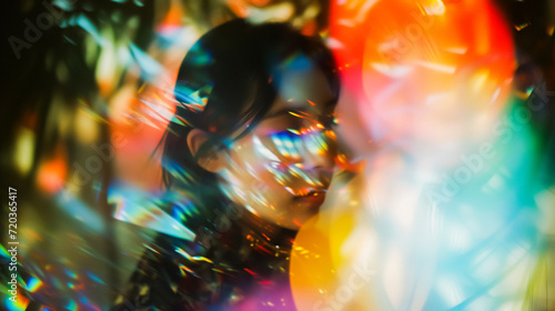 A vibrant and colorful abstract portrait of a woman surrounded by multicolored lights. The colors are rich and varied, with reds, greens, blues, and yellows mingling together in an almost psychedelic.