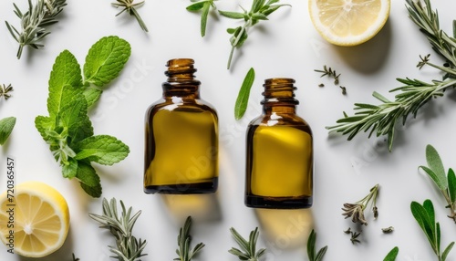 Two bottles of essential oils with lemon and mint leaves