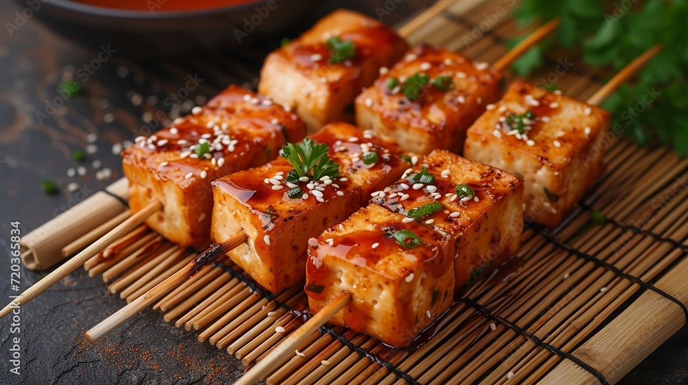 Glazed tofu skewers with honey and sesame seed garnish.