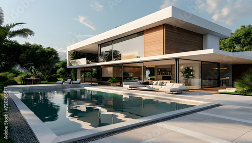 a modern house with a swimming pool and lounge    © Yi_Studio