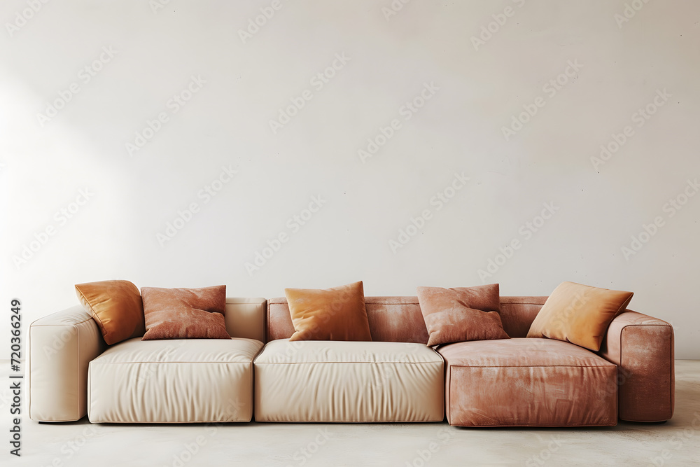  a three sectional couch in neutral colors sitting against a white wall - obrazy, fototapety, plakaty 
