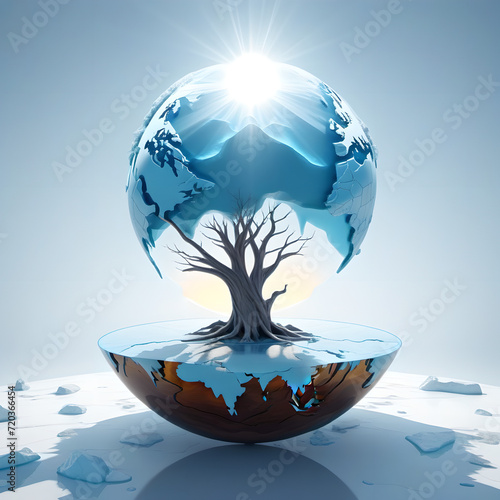 Eine Illustration einer Weltkugel , aus geschmolzenem Eis und verdorrten, kaputten Bäumen. Zeichen des Klimawandels und der globalen Erwärmung.  photo