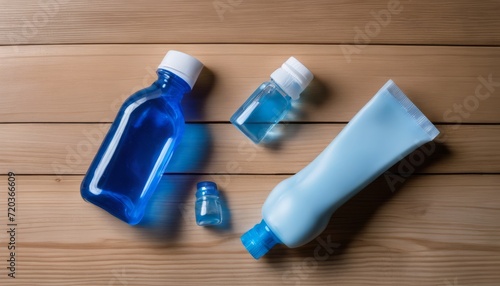 A bottle of blue liquid and a tube of blue lotion