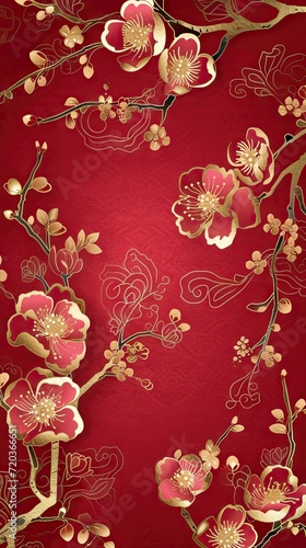 Happy Chinese new year luxury style pattern background . Oriental sakura flower gold line art texture on red background. AI generated illustration