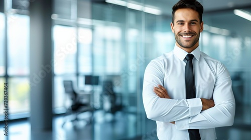 Happy businessman at office meeting, portrait with copy space on blurred glass walls background