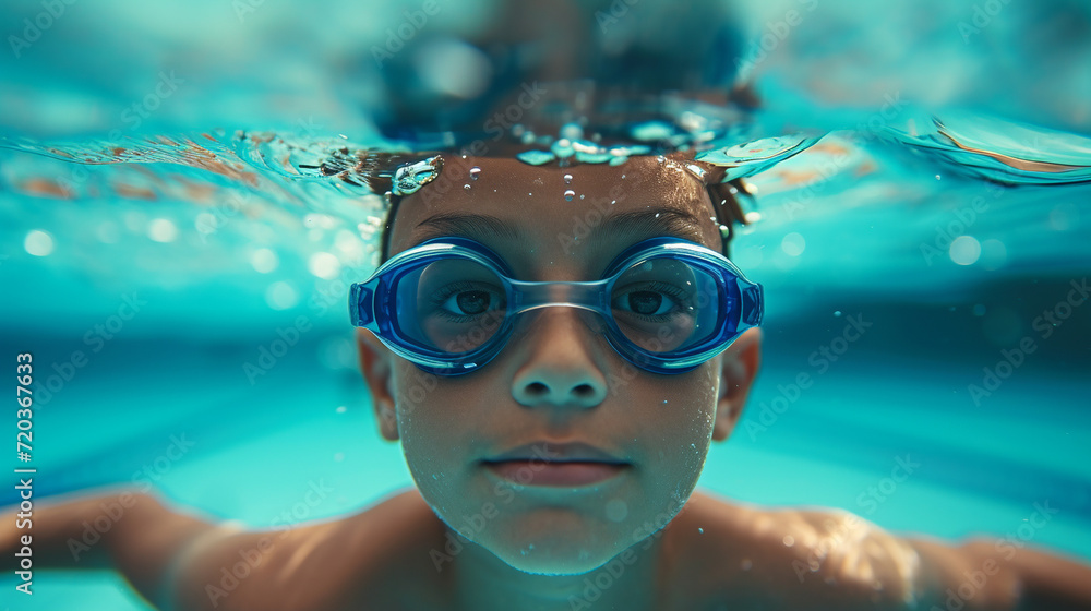 Naklejka premium Child, swimmer in the pool. 
