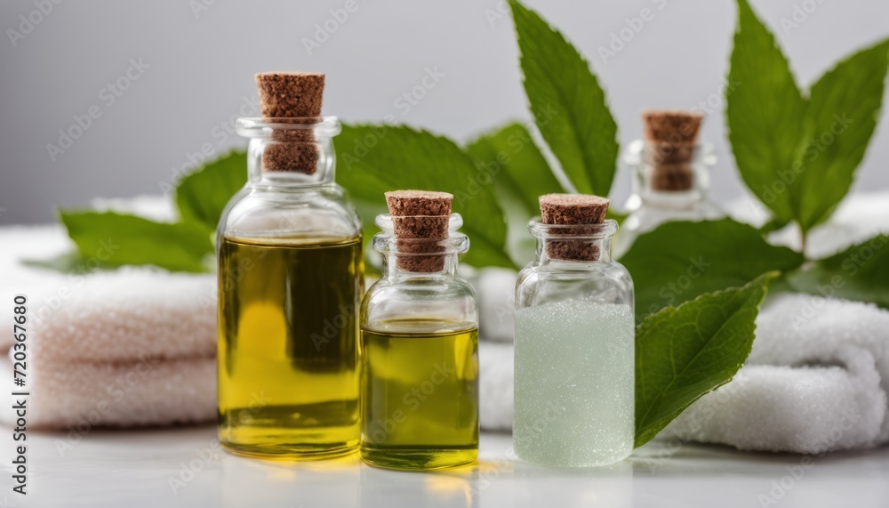 A bottle of oil and a bottle of lotion are on a table with a towel A bottle of oil and a bottle of lotion are on a table with a towel