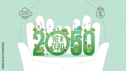 ESG policy in hands. Carbon credit calculate from reduce carbon footprint and carbon dioxide to Net Zero Goal in 2050.