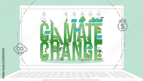 ESG business policy Climate Change in laptop. Carbon credit calculate from reduce carbon footprint and carbon dioxide to net zero goal in 2050.