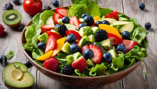 A wooden bowl full of fruit and vegetables