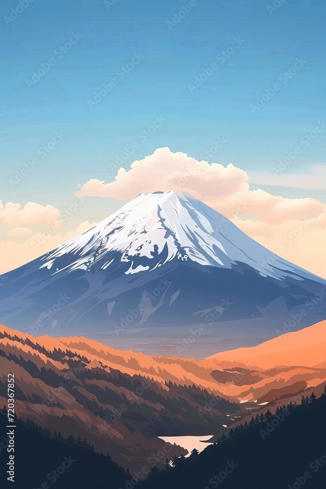 Mount fuji  art. Japanese landmark. Beautiful mountain, volcan in Japan. Snowing scenery. Tourist, travel destination. AI generated illustration