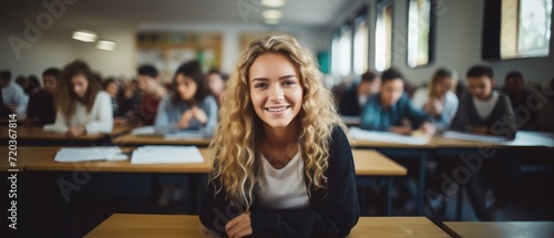 young woman in a university high school with blurred group of students studying in the classroom, education and learning concept, Generative AI