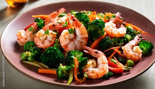 A plate of shrimp and broccoli