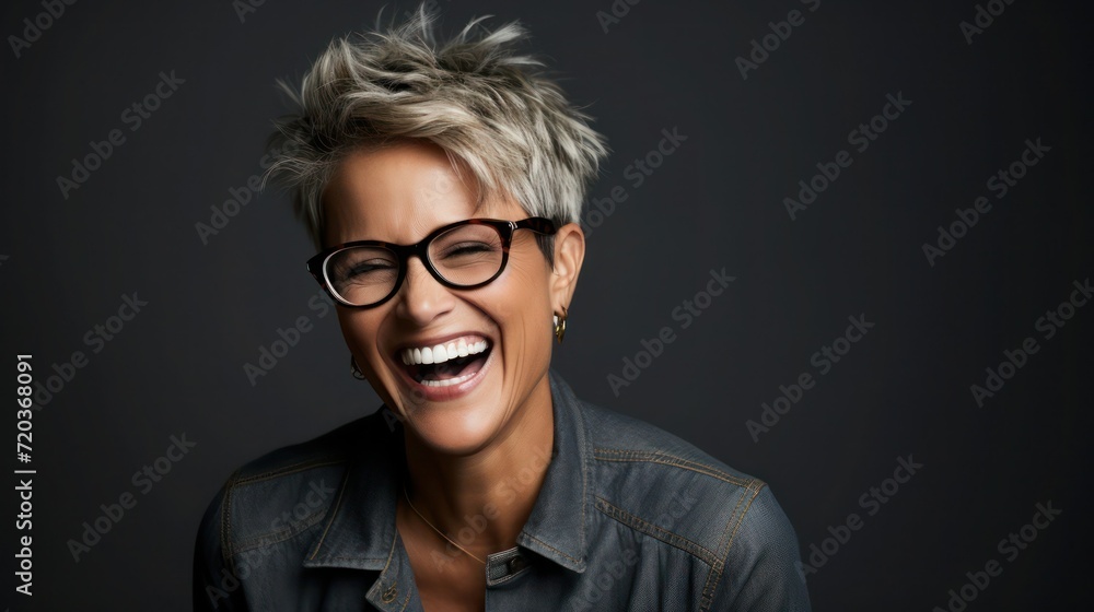 Middle-aged laughing woman with glasses and short hair on dark background.