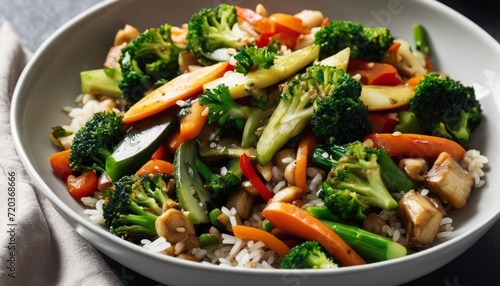 A plate of rice and vegetables with broccoli and carrots
