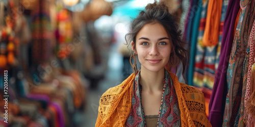 A smiling woman poses in front of a clothing store, wearing a fashionable outfit. Behind her, there is a busy street and mannequins with different styles © Henrique
