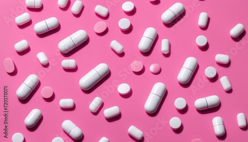 A pink background with white pills scattered all over
