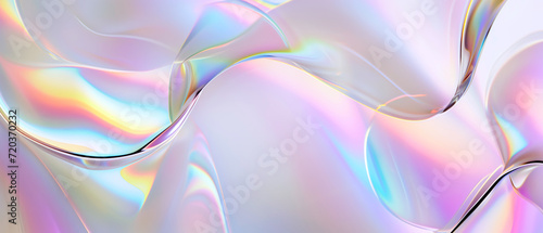Close up of holographic glass shapes with light background and colorful reflections. Abstract pattern wallpaper. Texture with nice glossy effect.