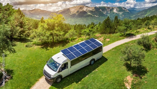 van with solar panels in a natural park, seen from the sky