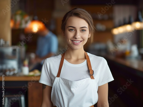Portrait of a Happy Caucasian waitress stand in restaurant or Cafeteria and wearing Apron in the cafe.