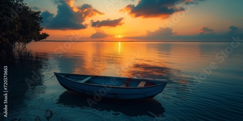 empty boat on the lake at sunset Generative AI