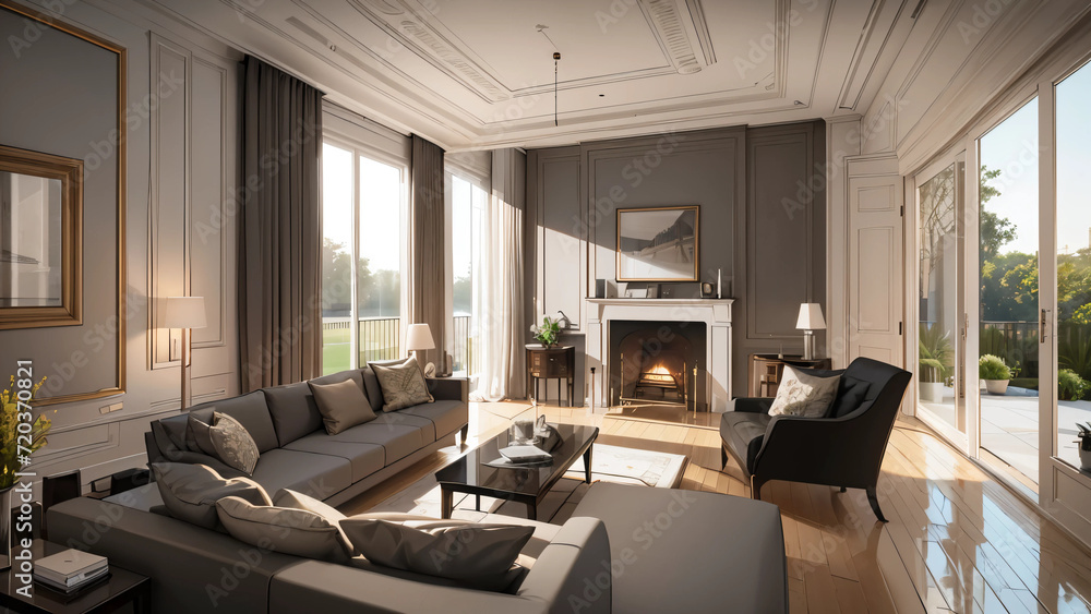 Fototapeta premium modern living room with fireplace