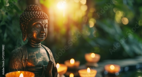 buddha statue with candles in nature Generative AI photo