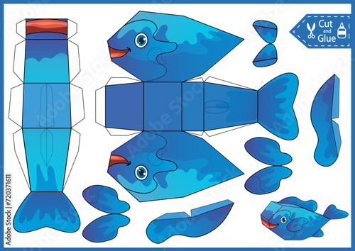 Cut out paper 3d toy of fish. Children easy handmade papercraft. Education activity printable page. DIY craft toys cute sea animals birthday decor. 