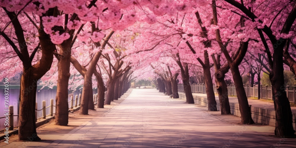 cherry blossom alley Generative AI - obrazy, fototapety, plakaty 