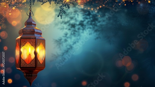 Arabic lantern with burning candle on a shelf