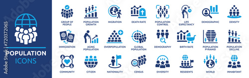 Population icon set. Containing demographic, citizen, group of people, birth rate, residents, census and more. Solid vector icons collection. photo