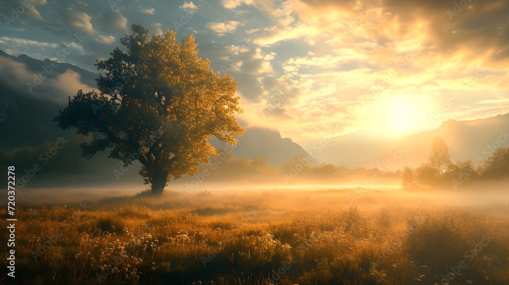 Fototapeta premium Landscape of natural long shot with beautiful sunlight. Generative AI