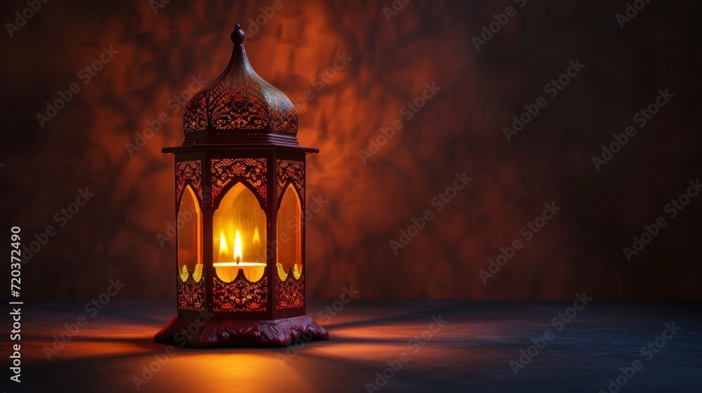 Arabic lantern with burning candle on a shelf hanging Arabic lantern with burning candle on a shelf hanging